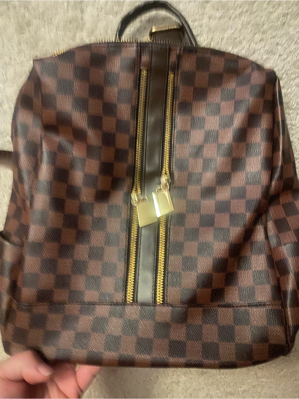 Brown Checkered Backpack with Gold Hardware